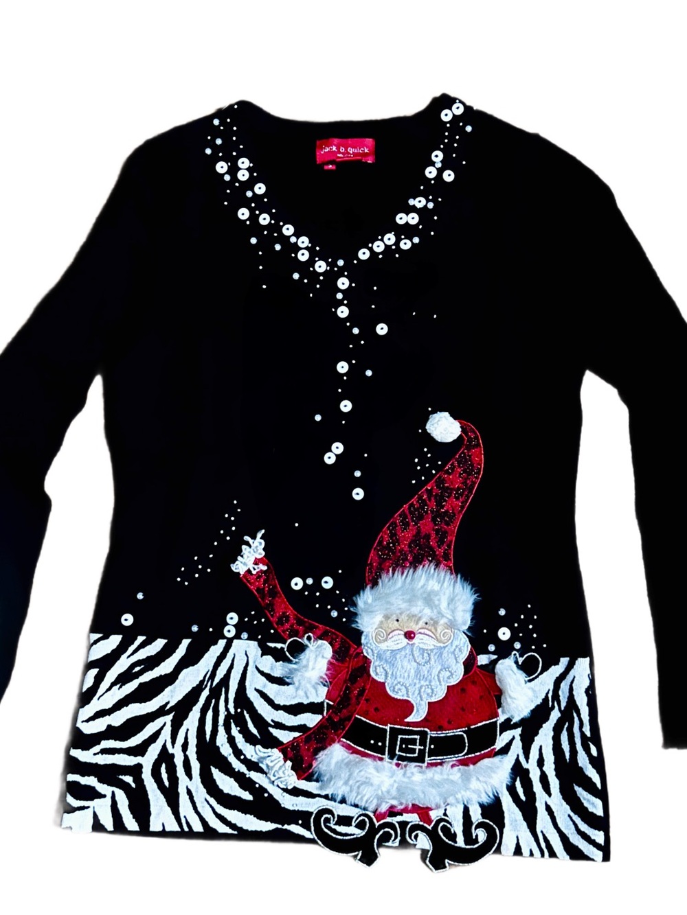 Jack B. Quick ~ Small ~ Vtg ~ Black W/ Red Santa Claus ~ Sequins ~ Sweater ~ New